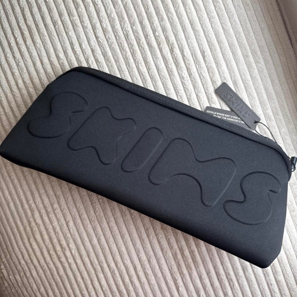 NWT SKIMS Black Cosmetic Bag Black Neoprene Waterproof Embossed Clutch 12"